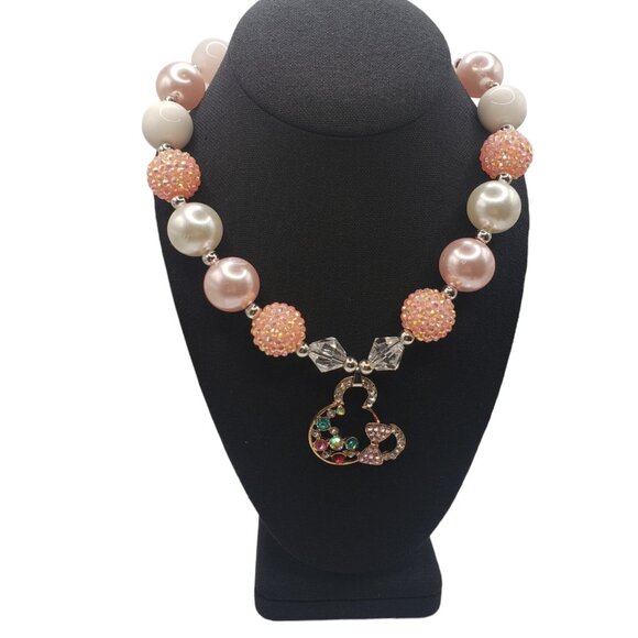 Adorable Pink Shades Bubblegum Beaded w/Gold Tone Colorful Rhinestone Necklace - Picture 10 of 13